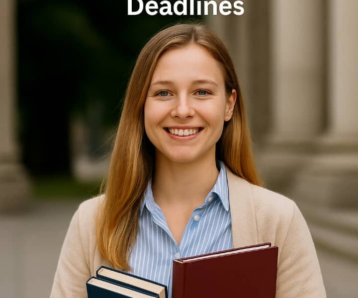 Smiling female student holding books and diploma cover, representing scholarship opportunities in Europe 2025