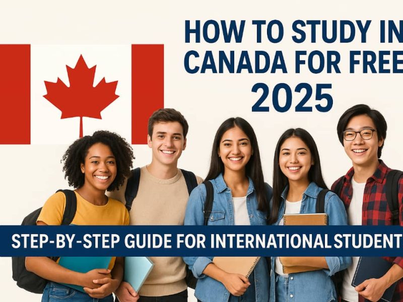 Diverse group of international student smiling with the Canadian flag and a bold text on how to study in Canada for free in 2025.